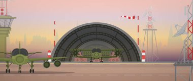Military airport, runway and aviation control point. Cartoon style.