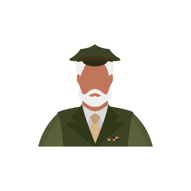Elderly veteran in green uniform icon. Cartoon style.