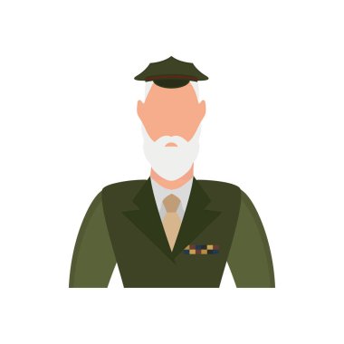 Old man in green uniform icon. Cartoon style.