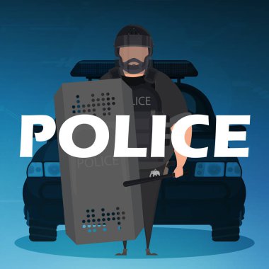 Arabanın önünde kurşun geçirmez yelek giyen bir polis. Kare pankart. Çizgi film biçimi.
