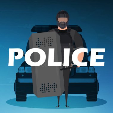 Arabanın önünde kurşun geçirmez yelek giyen bir polis. Kare poster. Çizgi film biçimi.