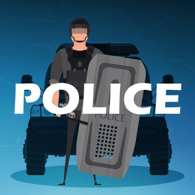 Arabanın önünde kurşun geçirmez yelek giyen bir polis. Kare poster. Vektör illüstrasyonu.