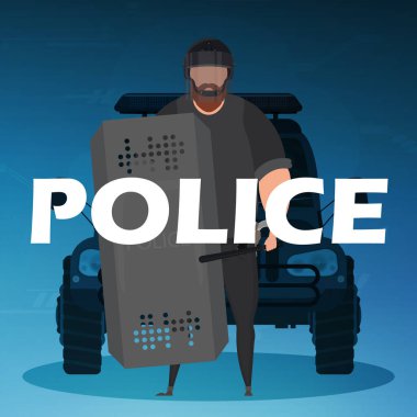 Servis arabasının önünde kurşun geçirmez yelek giyen bir polis. Kare pankart. Çizgi film biçimi.