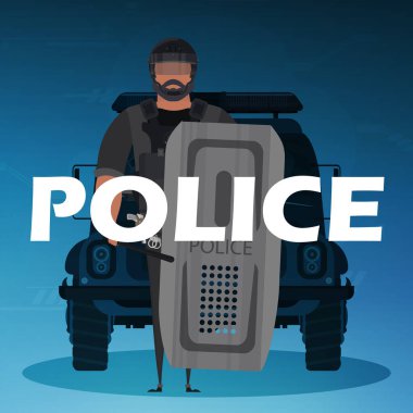 Servis arabasının önünde kurşun geçirmez yelek giyen bir polis. Kare pankart. Vektör illüstrasyonu.