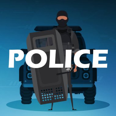 Servis arabasının önünde kurşun geçirmez yelek giyen bir polis. Kare poster. Çizgi film biçimi.