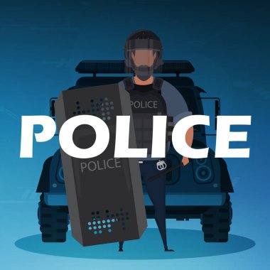 Servis arabasının önünde kurşun geçirmez yelek giyen bir polis. Kare poster. Vektör illüstrasyonu.
