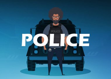 Kurşun geçirmez yelek giyen ve arabanın önünde maske takan bir polis. Kare pankart. Çizgi film biçimi.