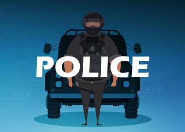 Kurşun geçirmez yelek giyen ve arabanın önünde maske takan bir polis. Kare pankart. Vektör illüstrasyonu.