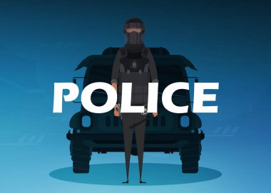 Kurşun geçirmez yelek giyen ve arabanın önünde maske takan bir polis. Kare poster. Çizgi film biçimi.