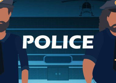 Polis merkezinin önünde kurşun geçirmez yelek giymiş bir polis memuru. Kare pankart. Çizgi film biçimi.