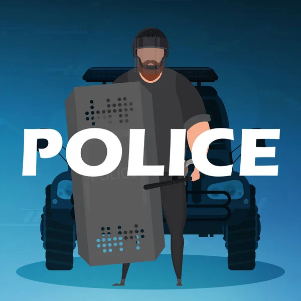Ein Polizist Schusssicherer Weste Vor Einem Dienstwagen Quadratisches Banner Cartoon — Stockvektor