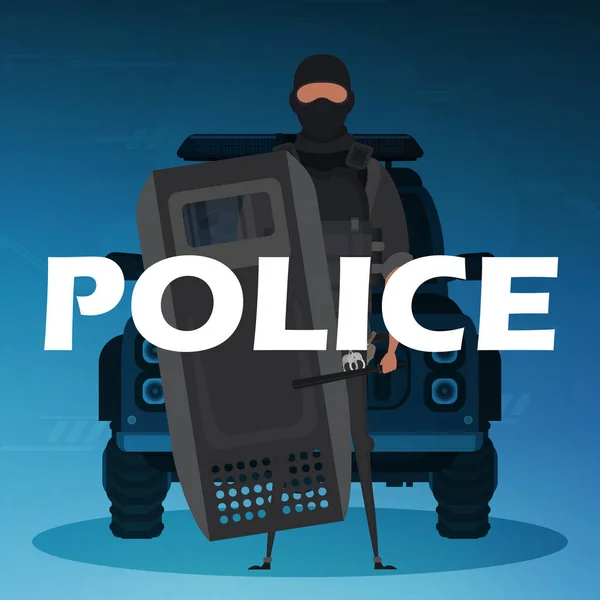Servis Arabasının Önünde Kurşun Geçirmez Yelek Giyen Bir Polis Kare — Stok Vektör