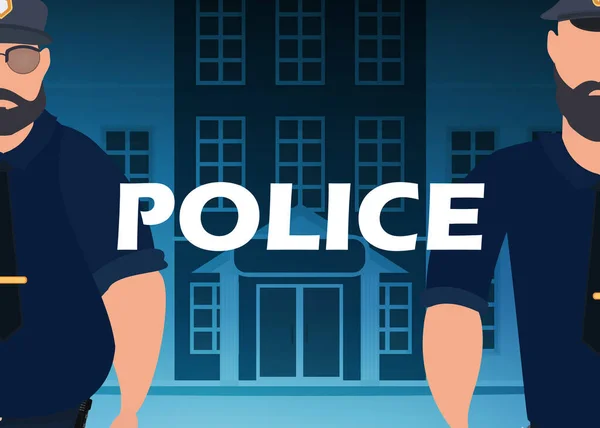 警察署の前で防弾チョッキを着た警官 正方形のバナー 漫画風 — ストックベクタ