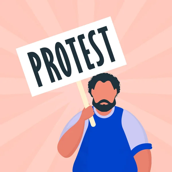 Seorang Pria Dengan Spanduk Tangannya Poster Protes Gaya Kartun - Stok Vektor
