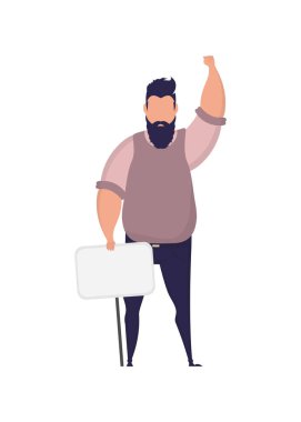 Elinde boş bir pankart olan bir çocuk. Mesajın için de yer var. Toplantı ya da protesto konsepti. Vektör illüstrasyonu.