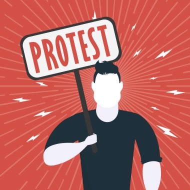 Protesto konsepti. Elinde boş bir pankart olan bir adam. Kırmızı bayrak. Toplantı ya da protesto konsepti. Çizgi film biçimi.