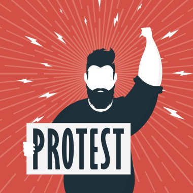 Protesto konsepti. Elinde boş bir pankart olan bir adam. Kırmızı bayrak. Toplantı ya da protesto konsepti. Vektör illüstrasyonu.