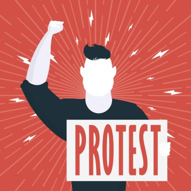 Protesto konsepti. Elinde boş bir pankart olan bir adam. Kırmızı bayrak. Toplantı ya da protesto konsepti. Çizgi film biçimi, vektör illüstrasyonu.