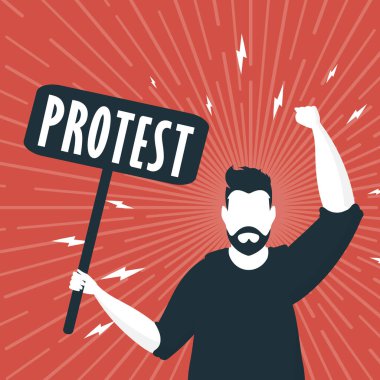 Protesto konsepti. Elinde boş bir pankart olan bir adam. Kızıl kare posteri. Toplantı ya da protesto konsepti. Vektör illüstrasyonu.