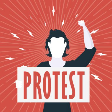 Protesto konsepti. Elinde boş bir pankart olan bir adam. Kızıl kare posteri. Toplantı ya da protesto konsepti. Çizgi film biçimi, vektör illüstrasyonu.