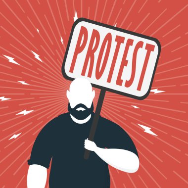 Protesto konsepti. Elinde boş bir pankart tutan bir adam. Kırmızı bayrak. Toplantı ya da protesto konsepti. Çizgi film biçimi.