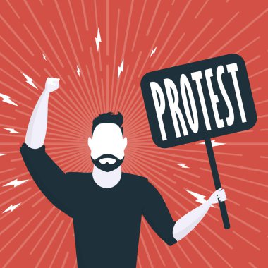 Protesto konsepti. Elinde boş bir pankart tutan bir adam. Kırmızı bayrak. Toplantı ya da protesto konsepti. Vektör illüstrasyonu.