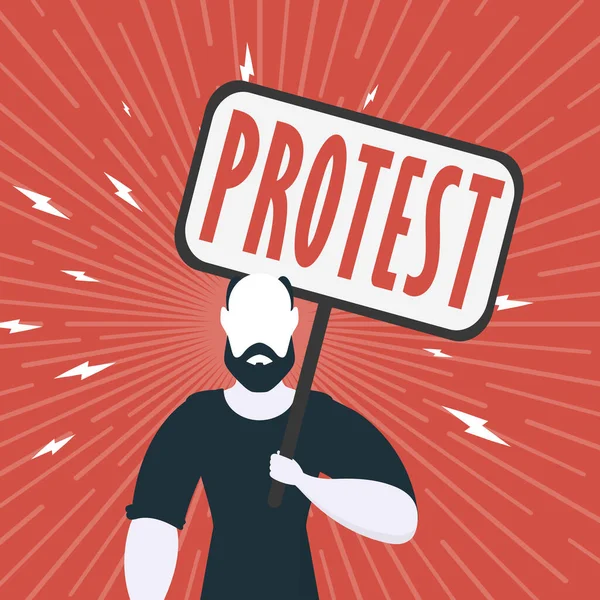 抗議の概念 空の旗を手にした男 赤い四角形のポスター ラリーや抗議の概念 漫画風 — ストックベクタ
