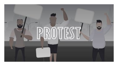 Protesto pankartı. Ellerinde pankartlar olan bir grup adam protesto etmek için dışarı çıktı. Prosky tarzı. Vektör illüstrasyonu.
