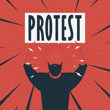 Pankartı ve mesajı olan adam Pop Art Flat tarzını protesto ediyor. Vektör illüstrasyonu