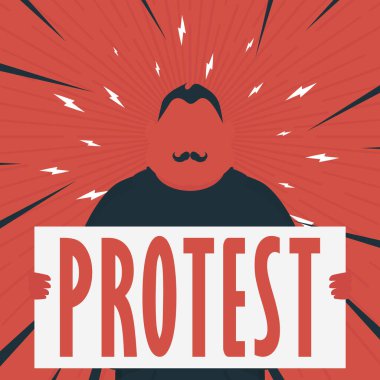 Elinde pankart olan ve Pop Art Cartoon tarzını protesto eden bir adam. Vektör illüstrasyonu