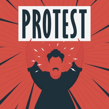 Elinde bayrak ve metin protestosu olan bir adam. Pop sanat. Düz stil. Vektör illüstrasyonu