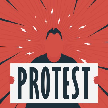 Pankartı ve protesto mesajı atan adam çizgi film tarzında. Vektör illüstrasyonu