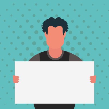 Boş afişi ve mesajın için yeri olan bir adam. Pop sanat karikatür tarzı. Vektör illüstrasyonu.