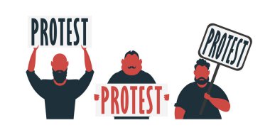 Beyaz arka planda izole edilmiş protesto pankartı olan bir grup adam. Çizgi film tarzı. Vektör illüstrasyonu.