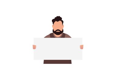 Elinde boş bir pankart olan beyaz bir arka planda izole edilmiş bir adam. Protesto konsepti. Vektör illüstrasyonu