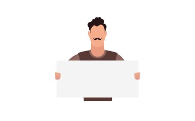 Elinde boş bir pankart olan beyaz bir arka planda izole edilmiş bir adam. Adam protesto ediyor. Vektör illüstrasyonu