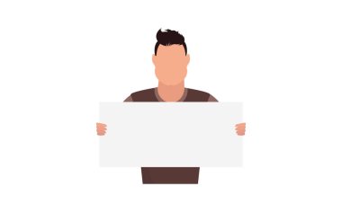 Elinde boş bir pankart olan beyaz bir arka planda izole edilmiş bir adam. Adam protesto ediyor. Vektör illüstrasyonu