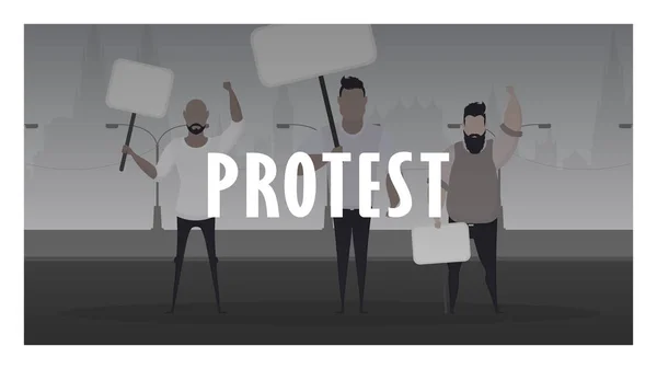 Protesto Pankartı Ellerinde Pankartlar Olan Bir Grup Adam Protesto Etmek — Stok Vektör
