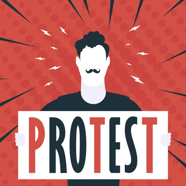 Fiú Egy Banner Kezében Szöveges Tiltakozás Pop Art Rajzfilm Stílusban — Stock Vector