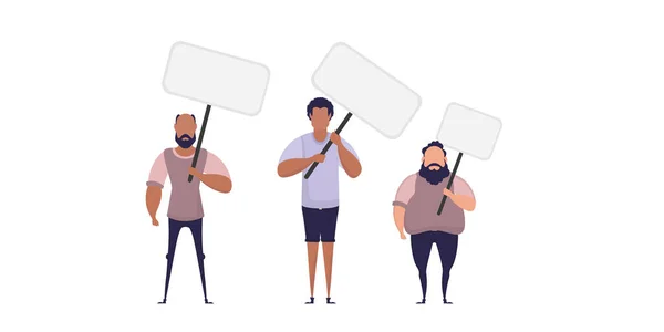 Grupo Hombres Con Una Pancarta Blanco Estilo Plano Ilustración Vectorial — Vector de stock