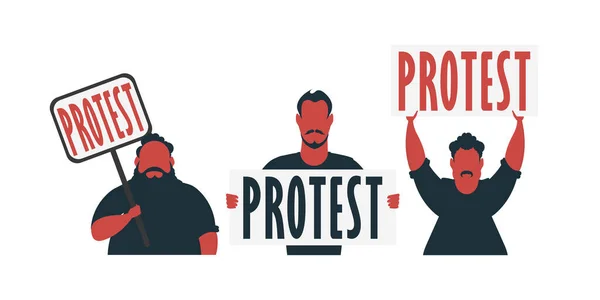 Ομάδα Ανδρών Πανό Διαμαρτυρίας Που Απομονώνονται Λευκό Φόντο Στυλ Καρτούν — Διανυσματικό Αρχείο