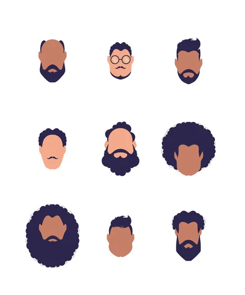 異なる種類と国籍の男の顔のセット 白い背景に隔離されている 漫画風 — ストックベクタ