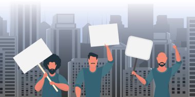 Bir grup adam pankartlarla protesto ediyor. Vatandaşların grev konsepti. Vektör illüstrasyonu.
