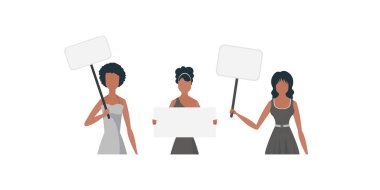 Protesto eden bir grup kız. Boş nakliye ellerde. Çizgi film tarzı. Vektör illüstrasyonu.