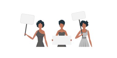 Protesto eden bir grup kız. Boş nakliye ellerde. Çizgi film tarzı. Vektör illüstrasyonu.