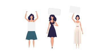 Ellerinde pankartıyla büyümekte olan bir grup kız. İzole edilmiş. Düz stil. Vektör.