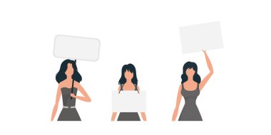 Ellerinde bir pankartıyla büyümekte olan bir grup kadın. İzole edilmiş. Düz stil. Vektör illüstrasyonu.