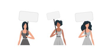 Elinde bayrak olan bir kadın. Protesto konsepti. Pankartlar ve tasarımlar için ayarlandı. Vektör illüstrasyonu.