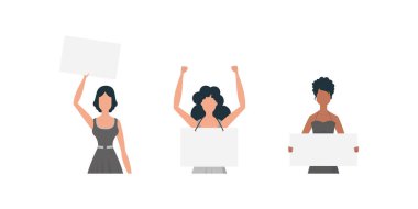 Elinde bayrak olan bir kadın. Düşünceleri, memnuniyetsizliği ve protestoları ifade etme kavramı. Pankartlar ve tasarımlar için ayarlandı. Vektör illüstrasyonu.