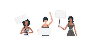 Bir kadın pankartıyla protesto ediyor. Protesto konsepti. Pankartlar ve tasarımlar için ayarlandı. Vektör.